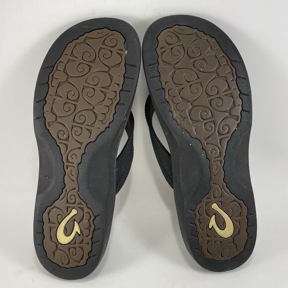 Olukai Ohana Leather Flip Flops Womens Size 9 Black Hawaiian Beach Sandals - Picture 8 of 9